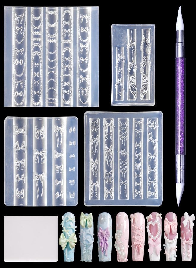 Laza 4pcs Bowknot Silicone Nail Art Molds, 3D Multiple Shapes Ribbon Lace Bows Charms Silicone Nail Accessories with Carving Pen Resin Nail Art Mold Manicure Tools for Women DIY Manicure Design - Image 1